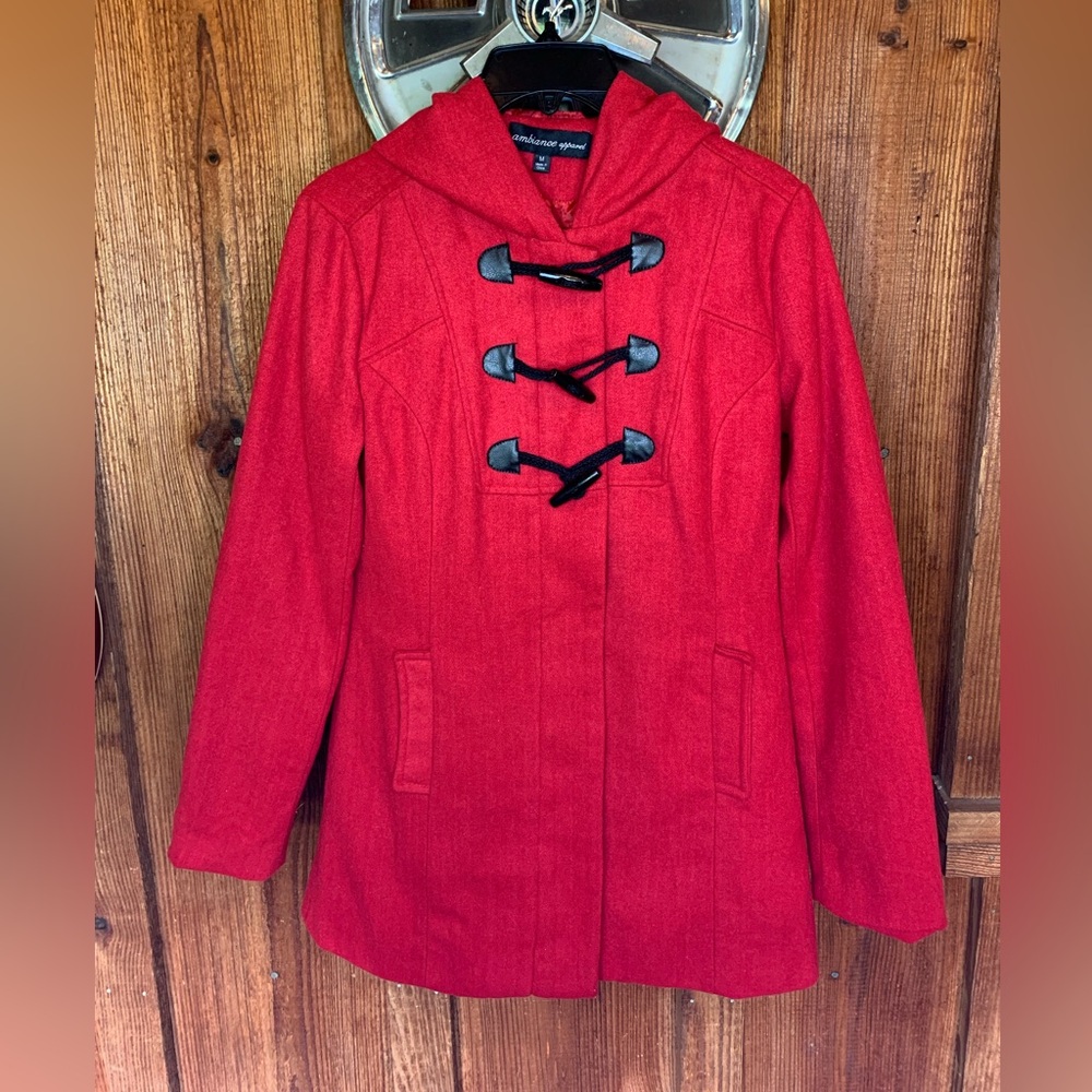 Ambiance Apparel Red Toggle Peacoat Pockets Hood Women’s Size M